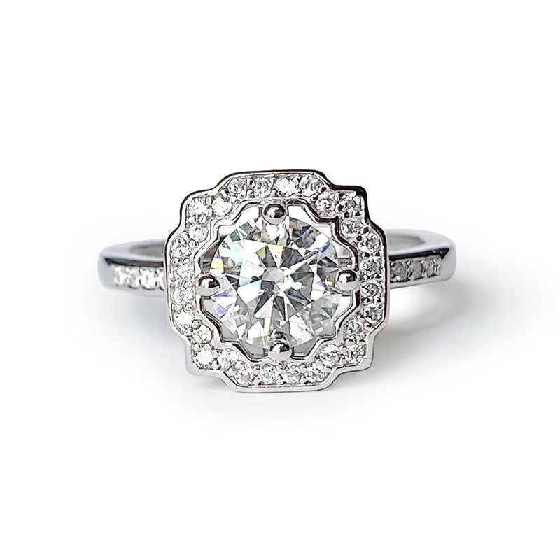 S925 Silver Moissanite Class D 1 Carat Japanese and Korean Retro White Personality Women'S Ring