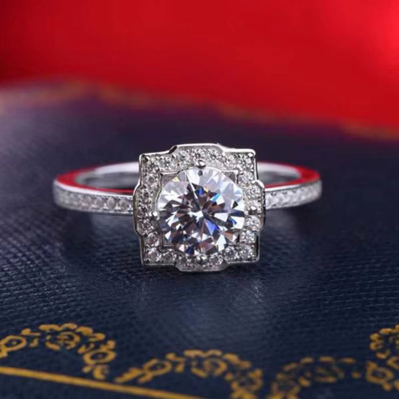 S925 Silver Moissanite Class D 1 Carat Japanese and Korean Retro White Personality Women'S Ring